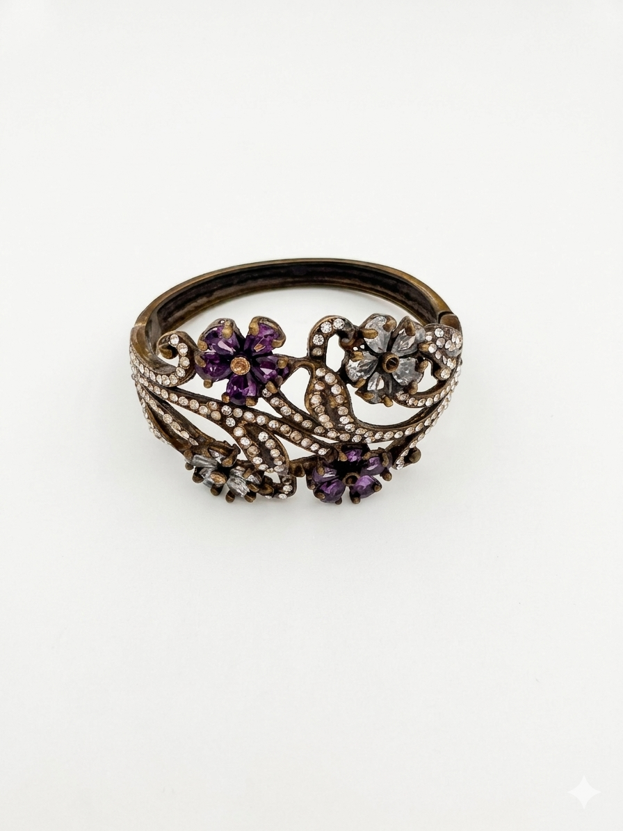 Vintage Edwardian Style Amethyst Crystal Floral Hinged Bangle