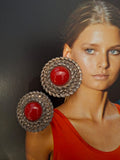 Vintage Retro Red Cabochon Silver-Tone Rope Earrings