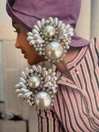 Vintage Faux Pearl Rhinestone Floral Clip On Earrings