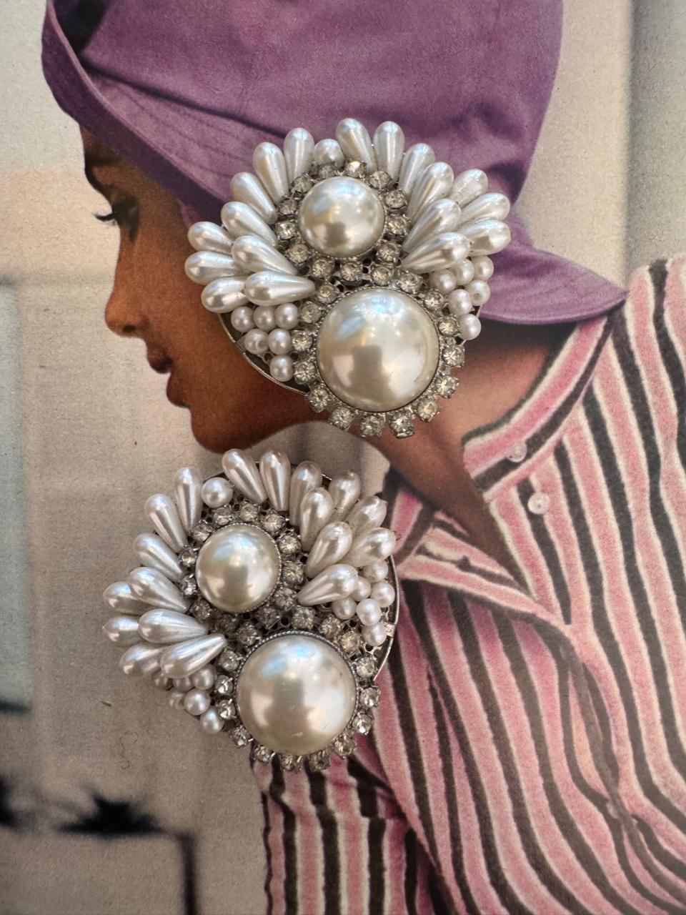 Vintage Faux Pearl Rhinestone Floral Clip On Earrings