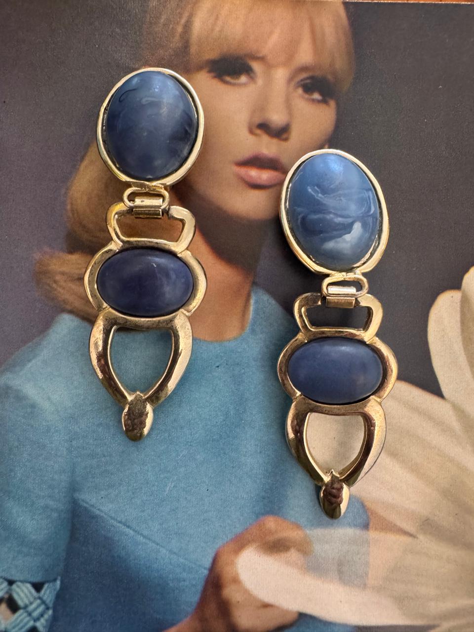 Vintage Modernist Blue Cabochon Gold Plated Drop Clip On Earrings