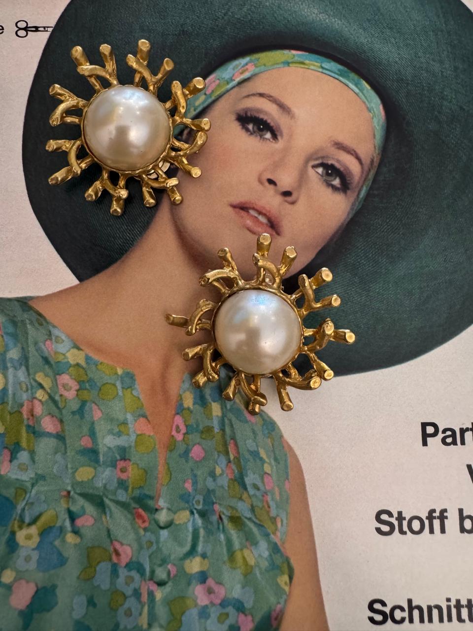 Vintage Organic Coral Branch Faux Pearl Gold Plated Clip-On Earrings