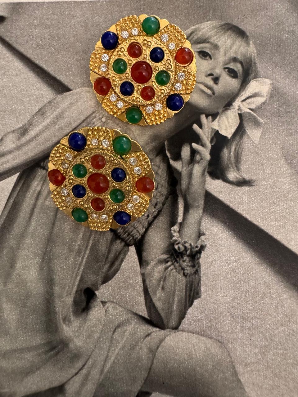 Vintage Byzantine Revival Multicolor Cabochon Clip On Earrings by DeLuigoro