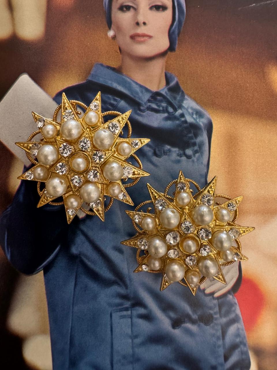 Vintage Victorian Revival Faux Pearl Rhinestone Starburst Clip-On Earrings