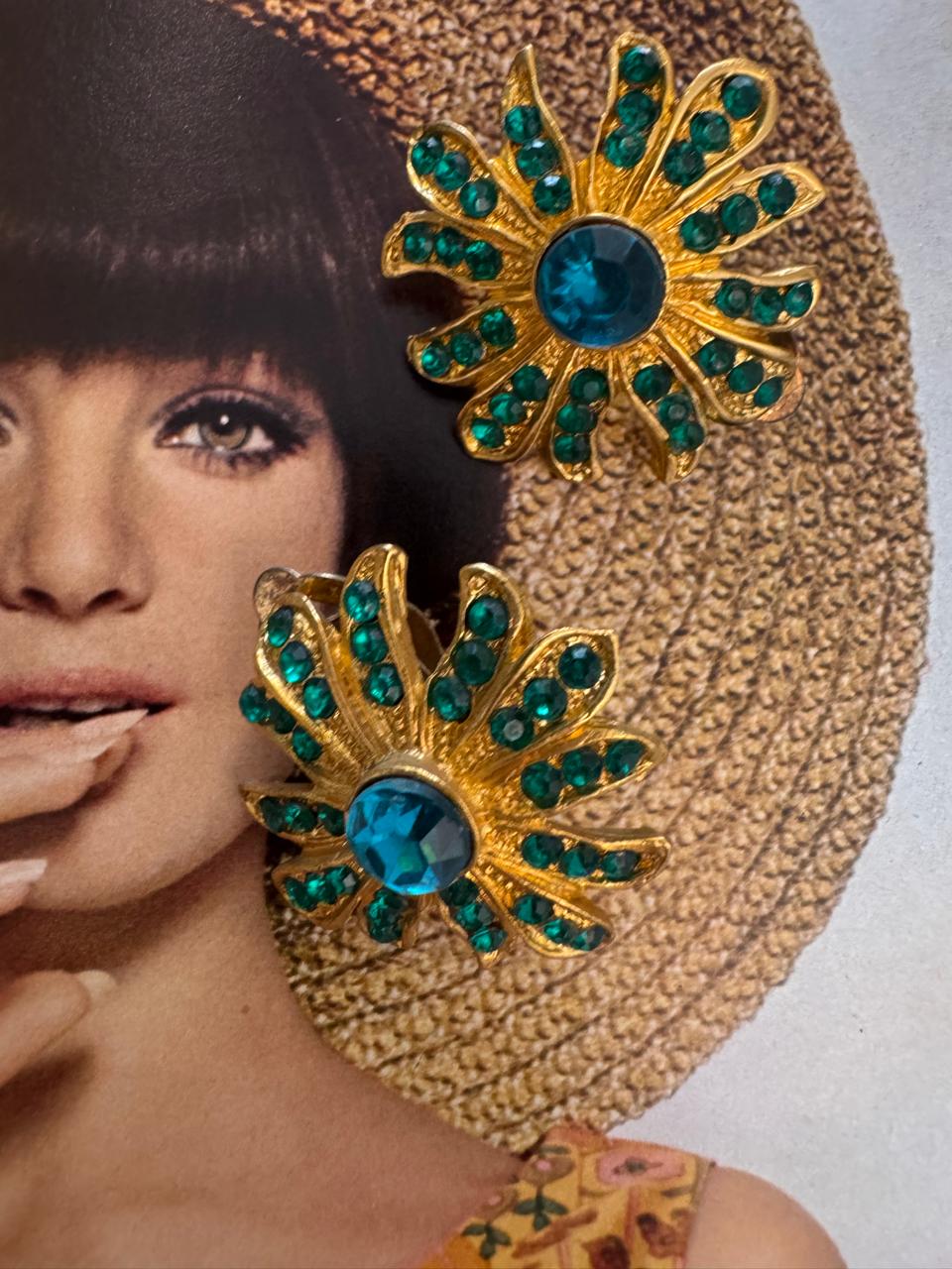 Vintage Floral Burst Rhinestone Clip On Earrings