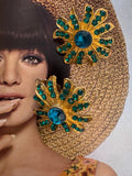 Vintage Floral Burst Rhinestone Clip On Earrings
