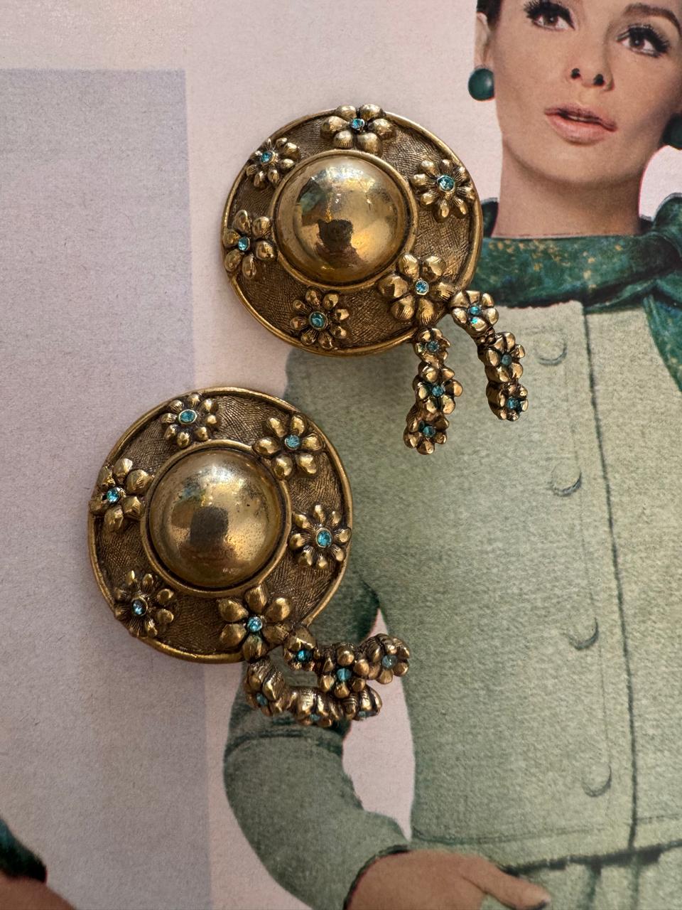 Vintage Floral Tassel Disc Clip On Earrings