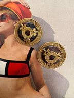 Vintage Etruscan Revival Cabochon Disc Clip On Earrings