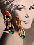 Vintage Art Deco Jewel Cabochon Link Clip On Earrings