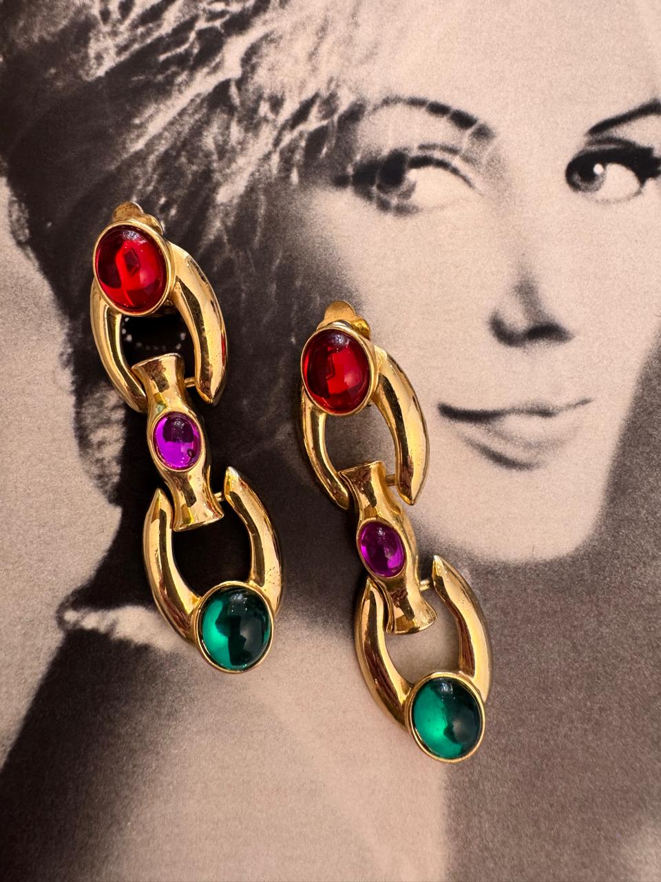 Vintage Art Deco Jewel Cabochon Link Clip On Earrings