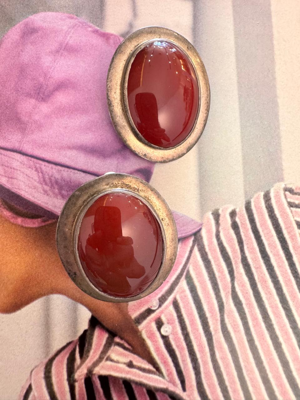 Vintage Carnelian Cabochon Modernist Clip On Earrings