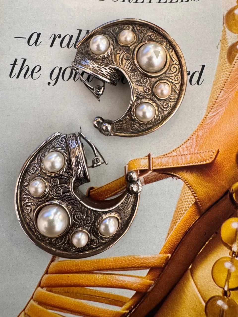 Vintage Etruscan Revival Faux Pearl Crescent Clip On Earrings