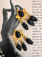 Vintage Byzantine Revival Black Cabochon Tassel Clip On Earrings