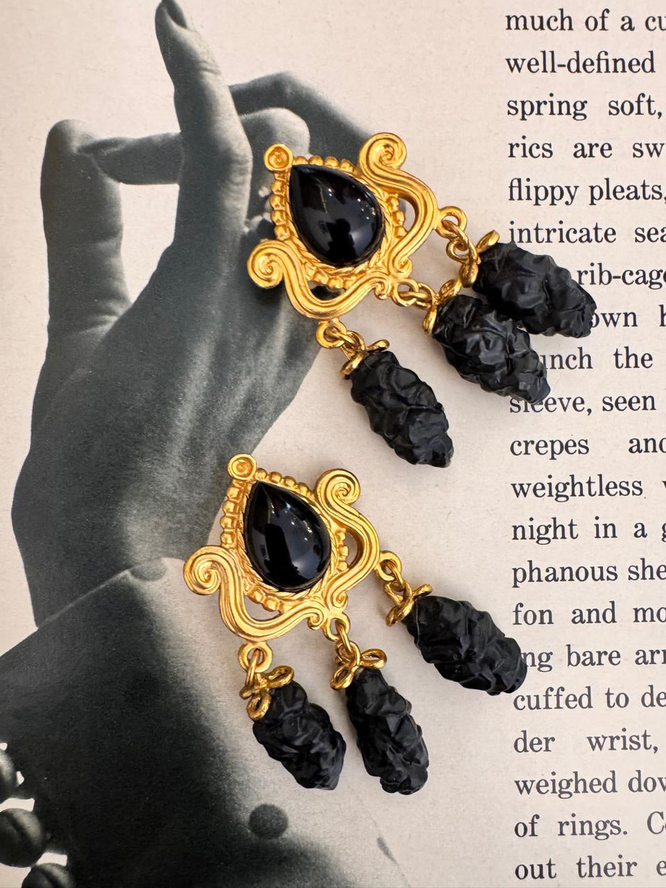 Vintage Byzantine Revival Black Cabochon Tassel Clip On Earrings