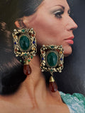 Vintage Deluigoro Italian Byzantine Revival Cabochon Drop Clip On Earrings