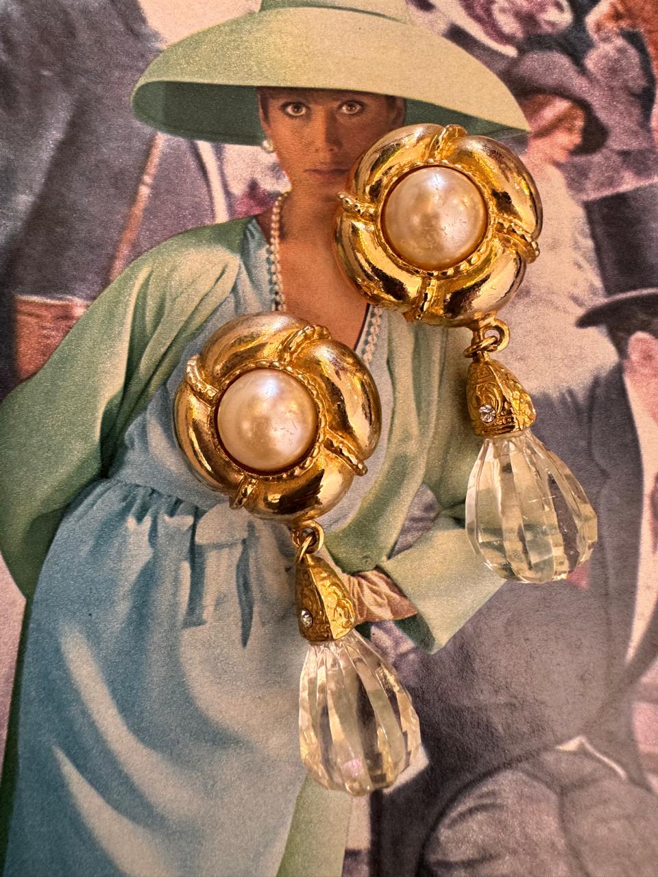 Vintage Crystal Drop Pearl Clip On Earrings
