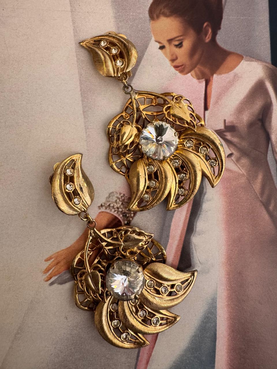 Vintage Art Nouveau Floral Crystal Drop Clip On Earrings