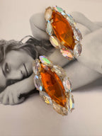 Vintage Signed Amber Crystal Aurora Borealis Clip On Earrings