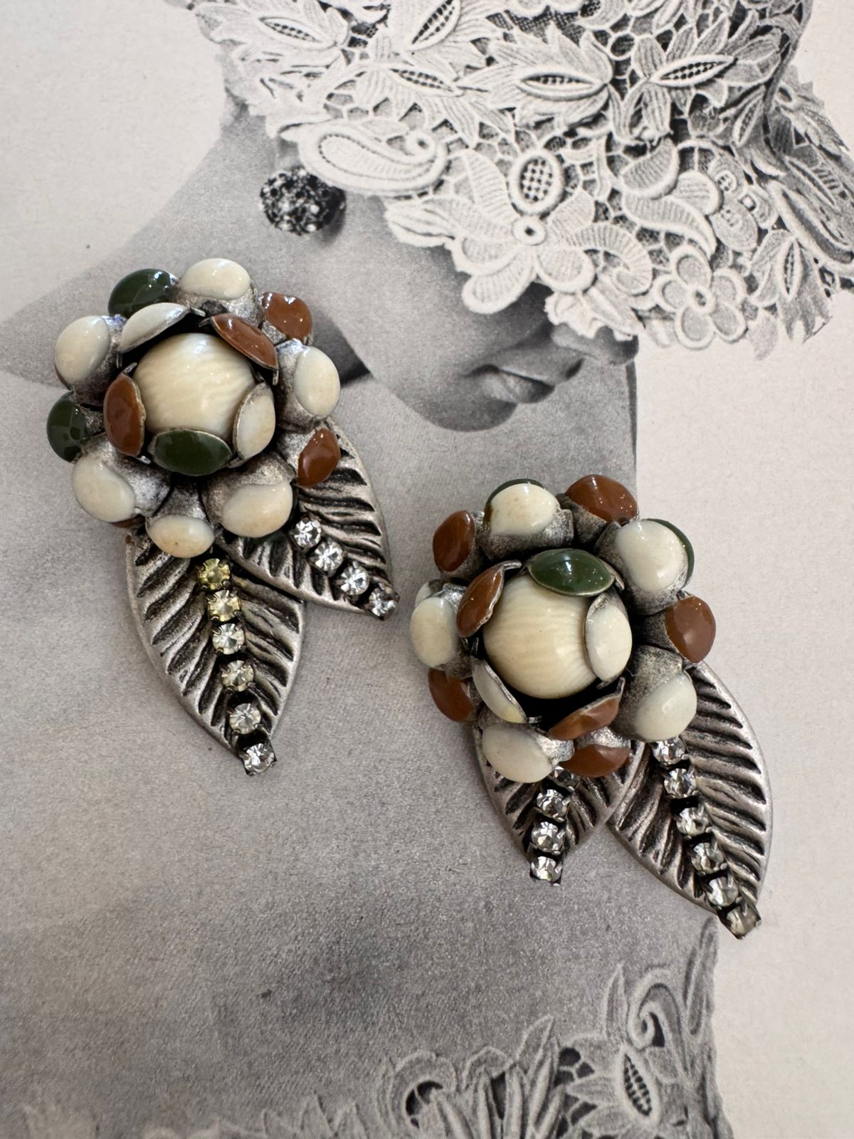 Vintage Floral Cluster Leaf Clip On Earrings