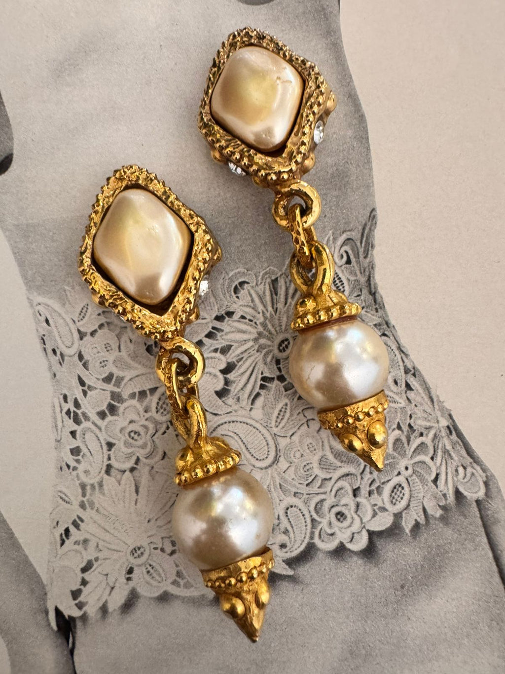 Vintage Alexis Lahellec Paris Baroque Pearl Drop Clip On Earrings