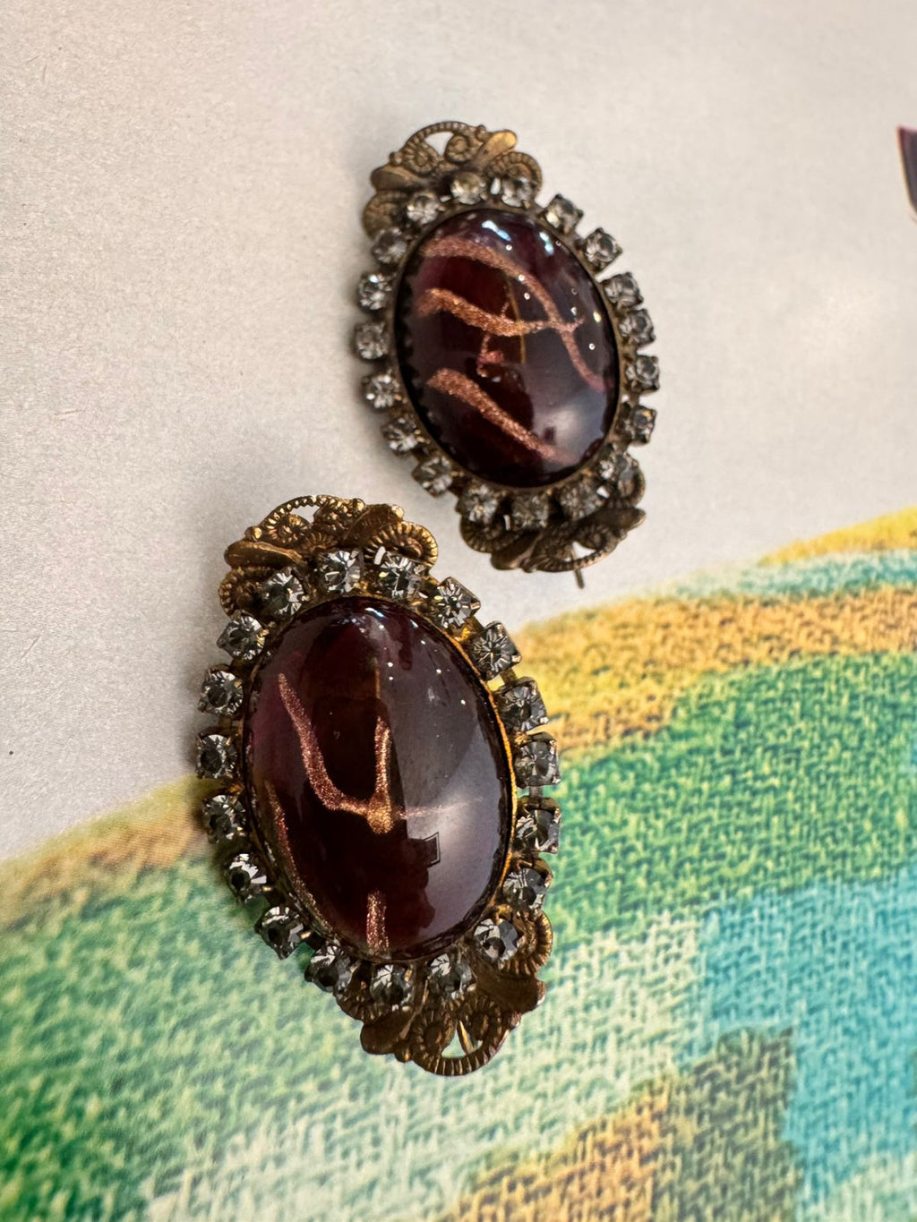 Vintage Filigree Brown Cabochon Rhinestone Clip On Earrings
