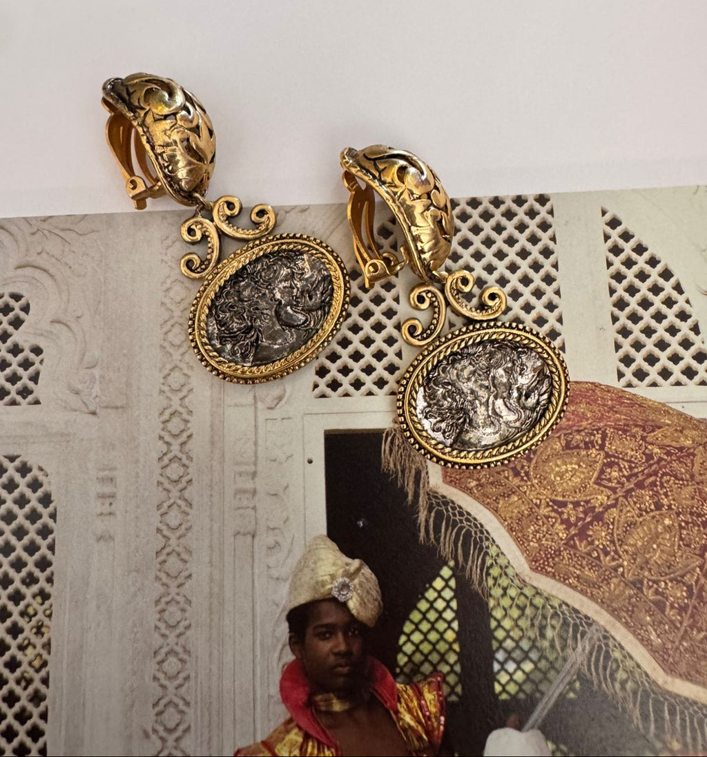 Vintage Roman Coin Revival Medallion Clip On Earrings