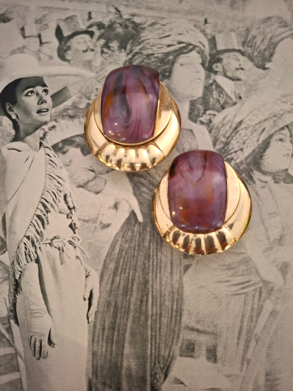 Vintage Oversized Purple Cabochon Gold Tone Earrings