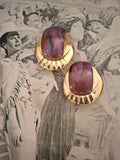Vintage Oversized Purple Cabochon Gold Tone Earrings