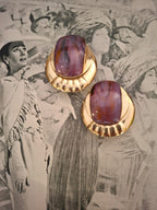 Vintage Oversized Purple Cabochon Gold Tone Earrings
