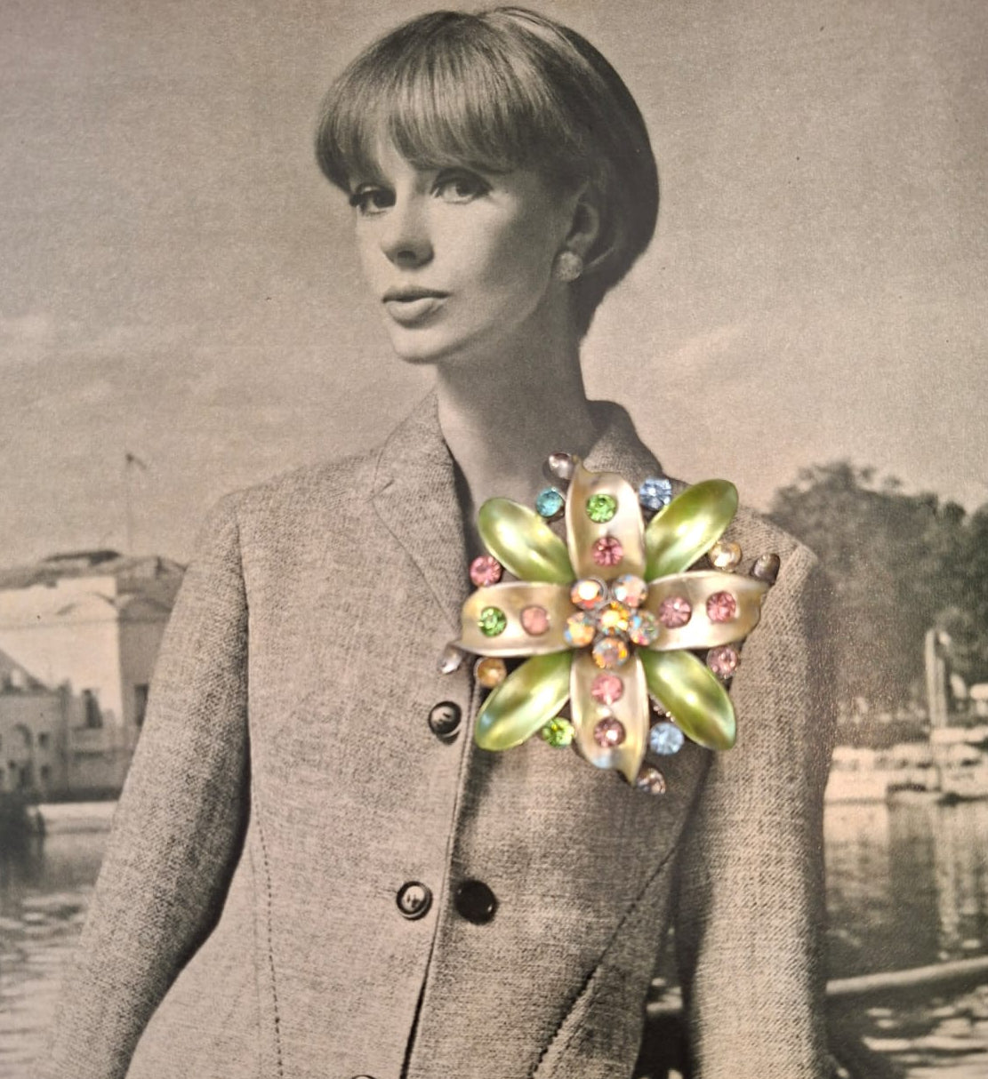 Vintage Multicolor Rhinestone Floral Brooch