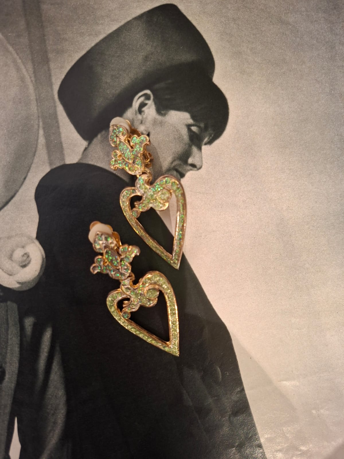 Vintage Large Baroque Heart Green Rhinestone Statement Earrings