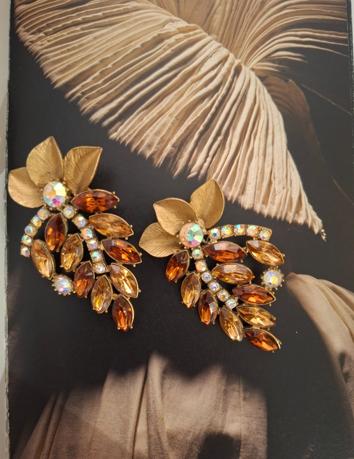 Vintage Rhinestone Leaf Cascade Statement Earrings