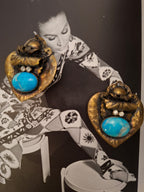 Vintage Turquoise Cabochon Copper Heart Clip-On Earrings