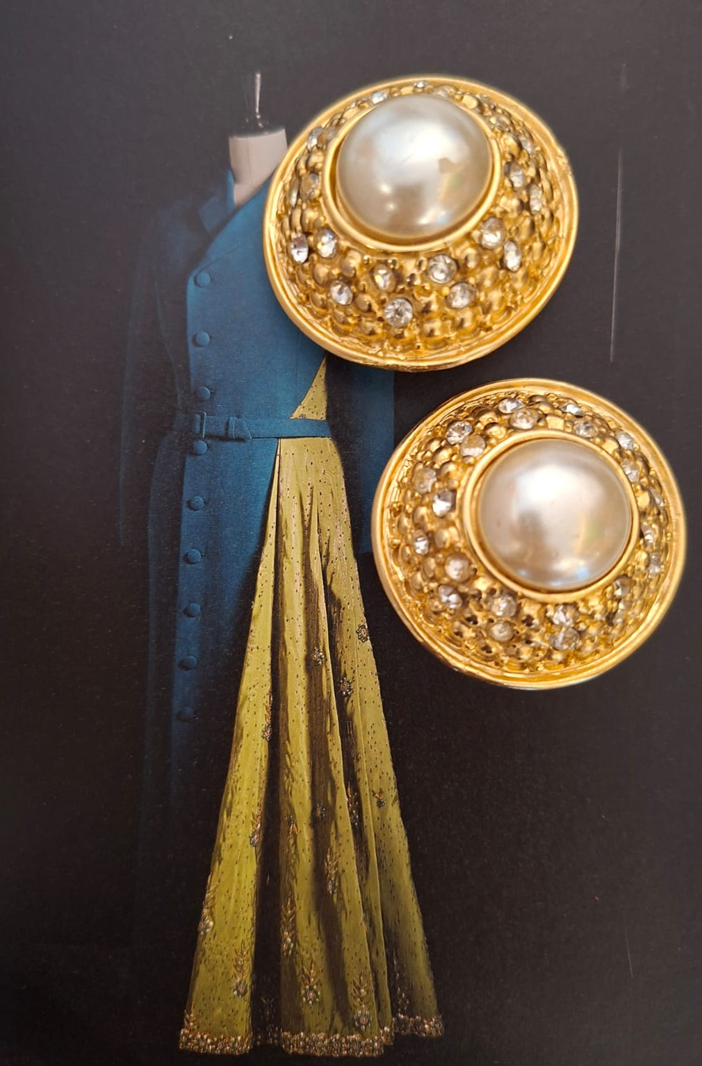 Vintage Oversized Gold-Plated Pearl & Crystal Earrings