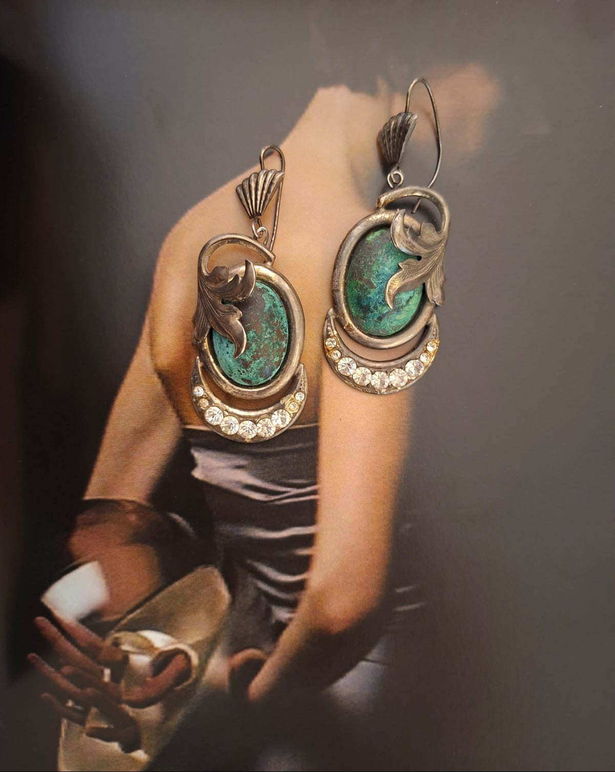 Vintage Art Nouveau Revival Green Stone & Crystal Dangle Earrings