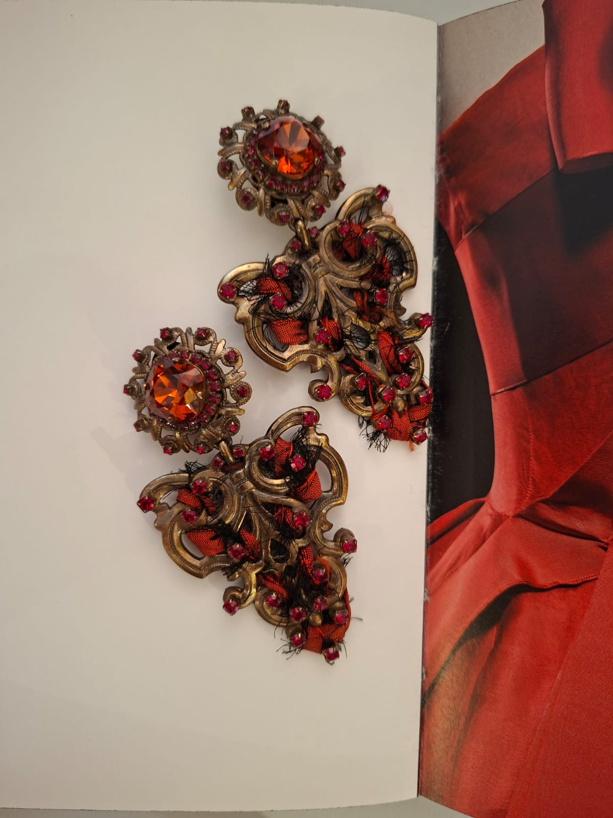 Vintage Levantine Custom-Made Red Crystal Textile Earrings