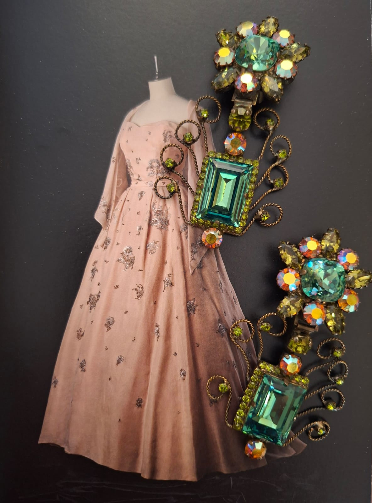 Vintage Levantine Emerald Crystal Scrollwork Oversized Earrings