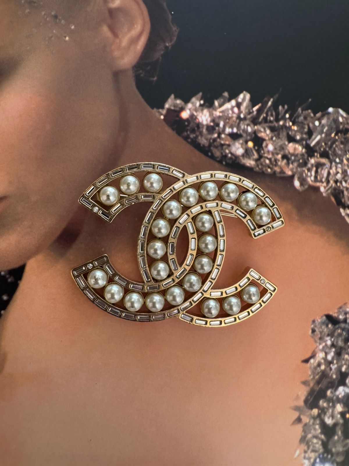 Chanel Vintage Faux Pearl Baguette Crystal CC Brooch