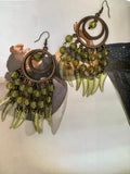 Vintage Bohemian Green Beaded Crescent Drop Earrings