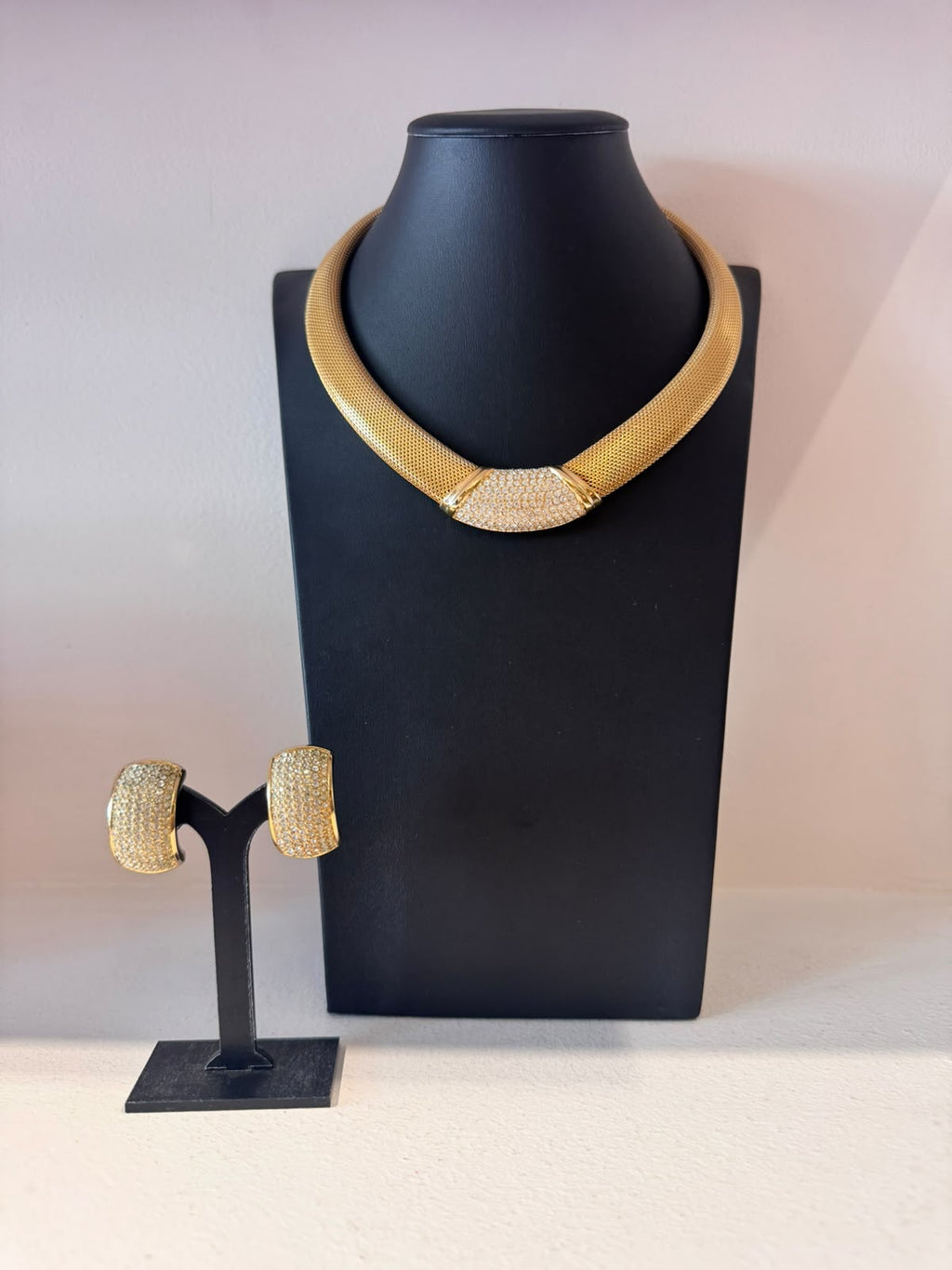 Vintage Christian Dior Pavé Crystal Mesh Necklace & Earrings Set