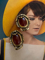 Vintage DeLuigoro Art Nouveau Carnelian Cabochon Clip On Earrings