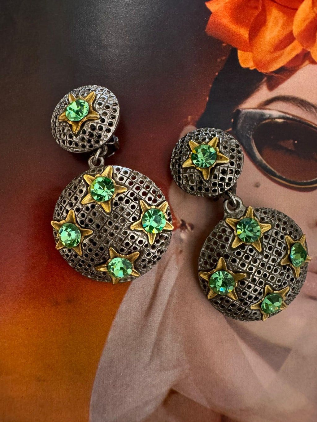 Vintage DeLuigoro Celestial Crystal Disc Clip On Earrings