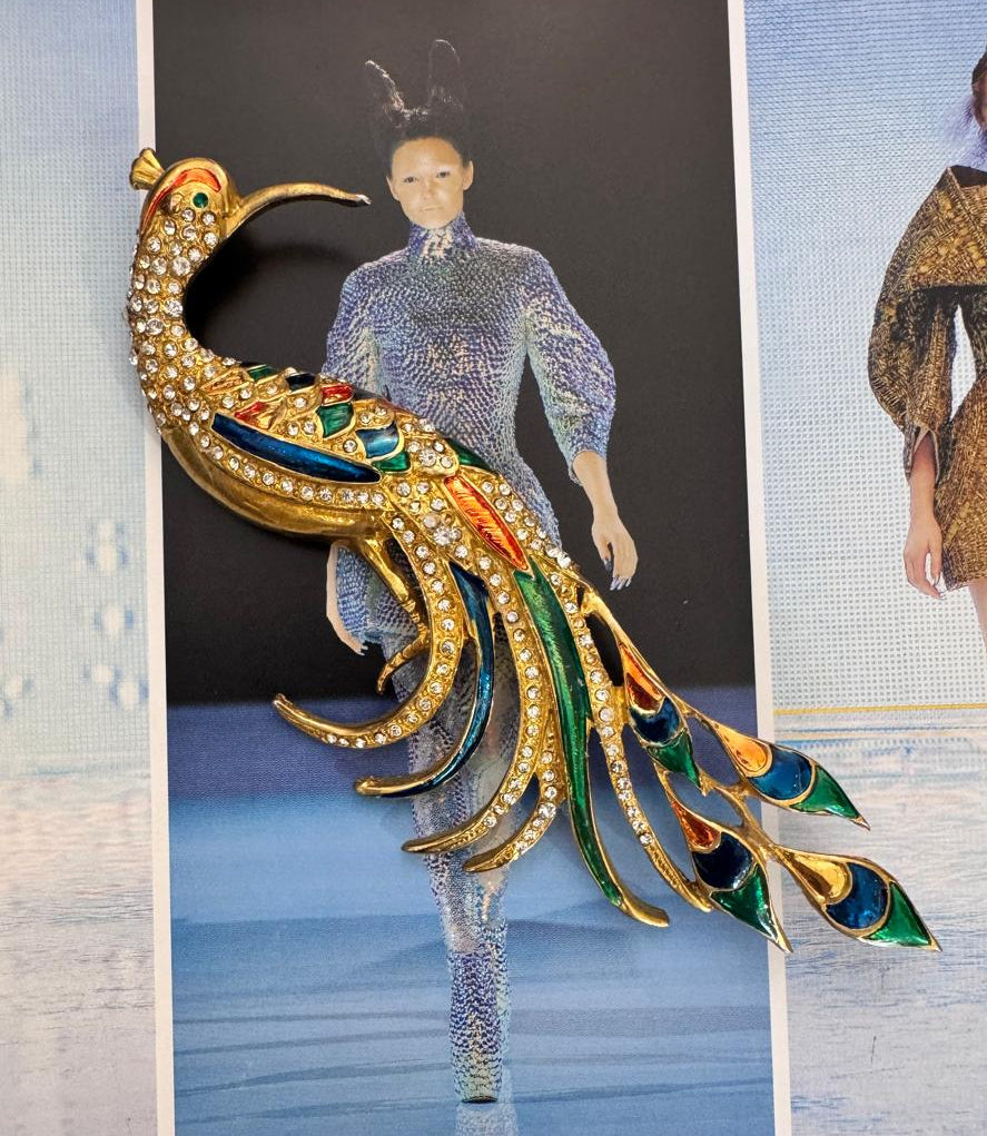 Vintage Enameled Peacock Crystal Brooch