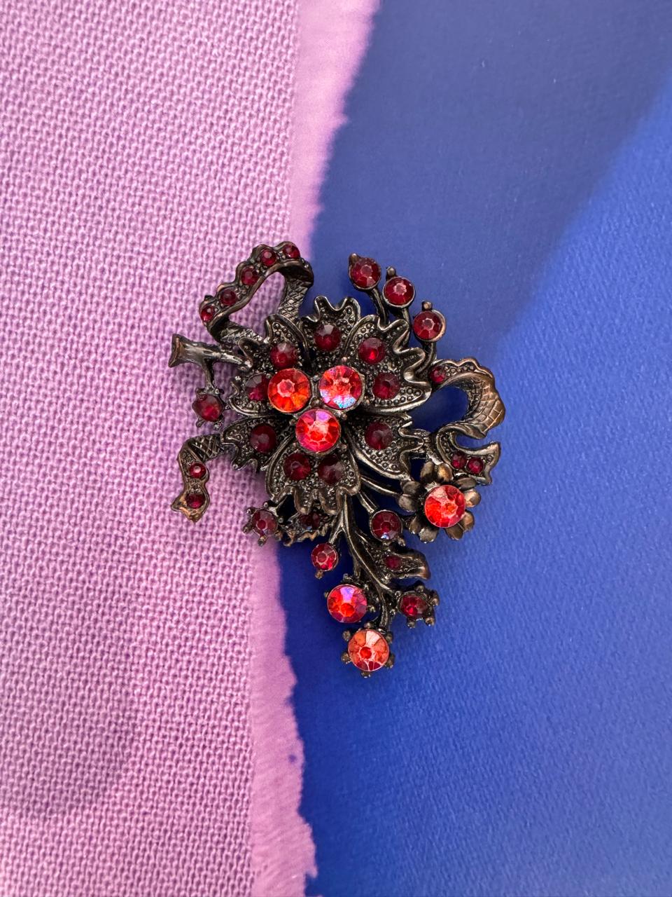 Vintage Bohemian Garnet Crystal Floral Brooch