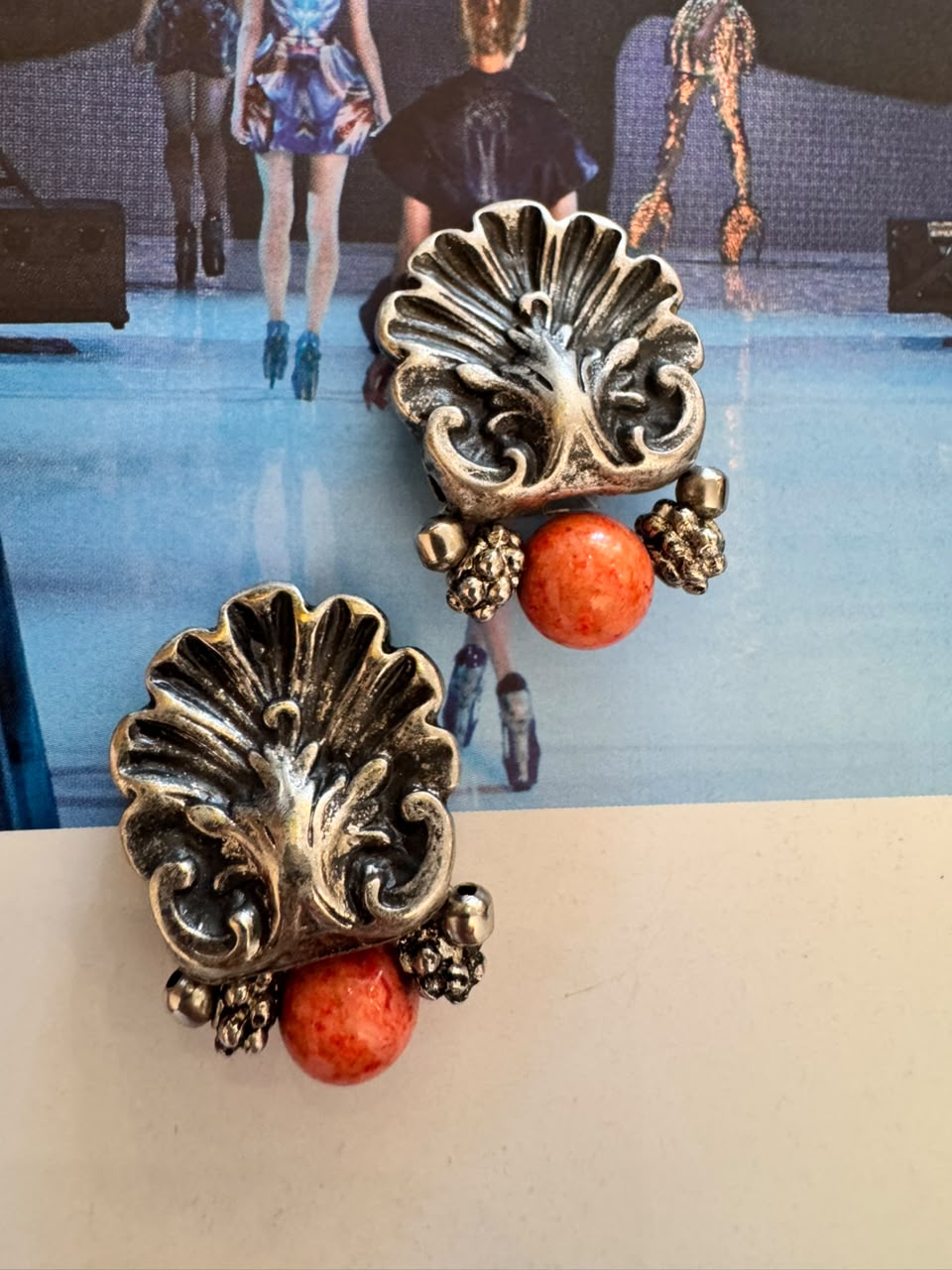 Vintage Baroque Coral Bead Clip-On Earrings