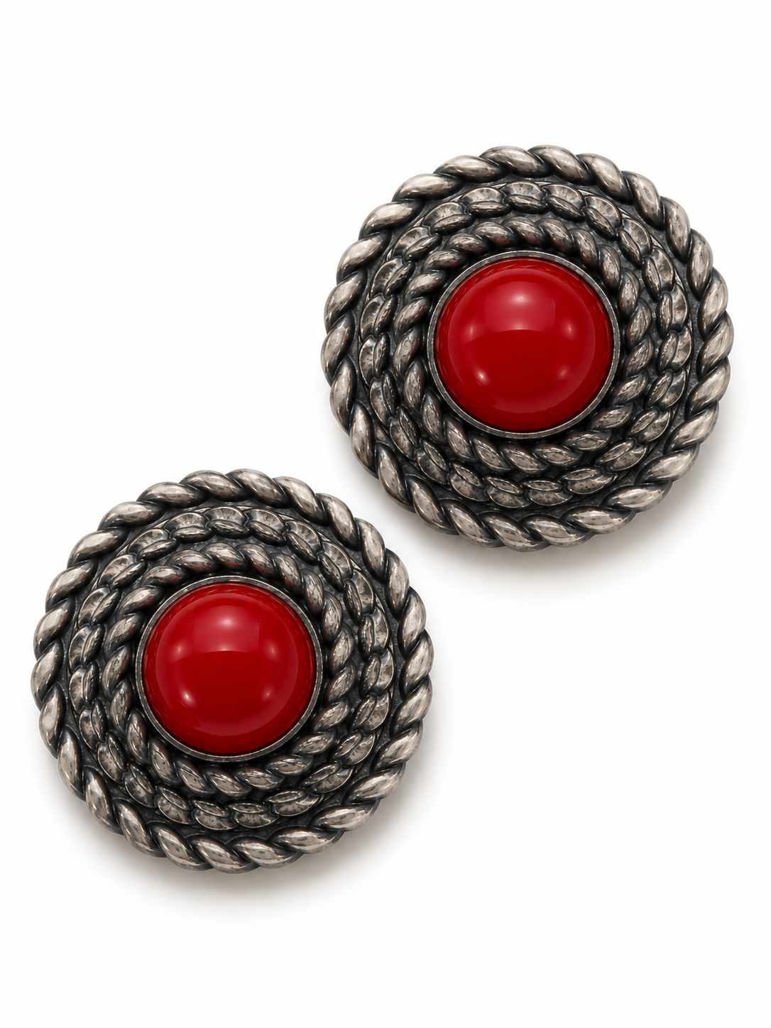 Vintage Retro Red Cabochon Silver-Tone Rope Earrings