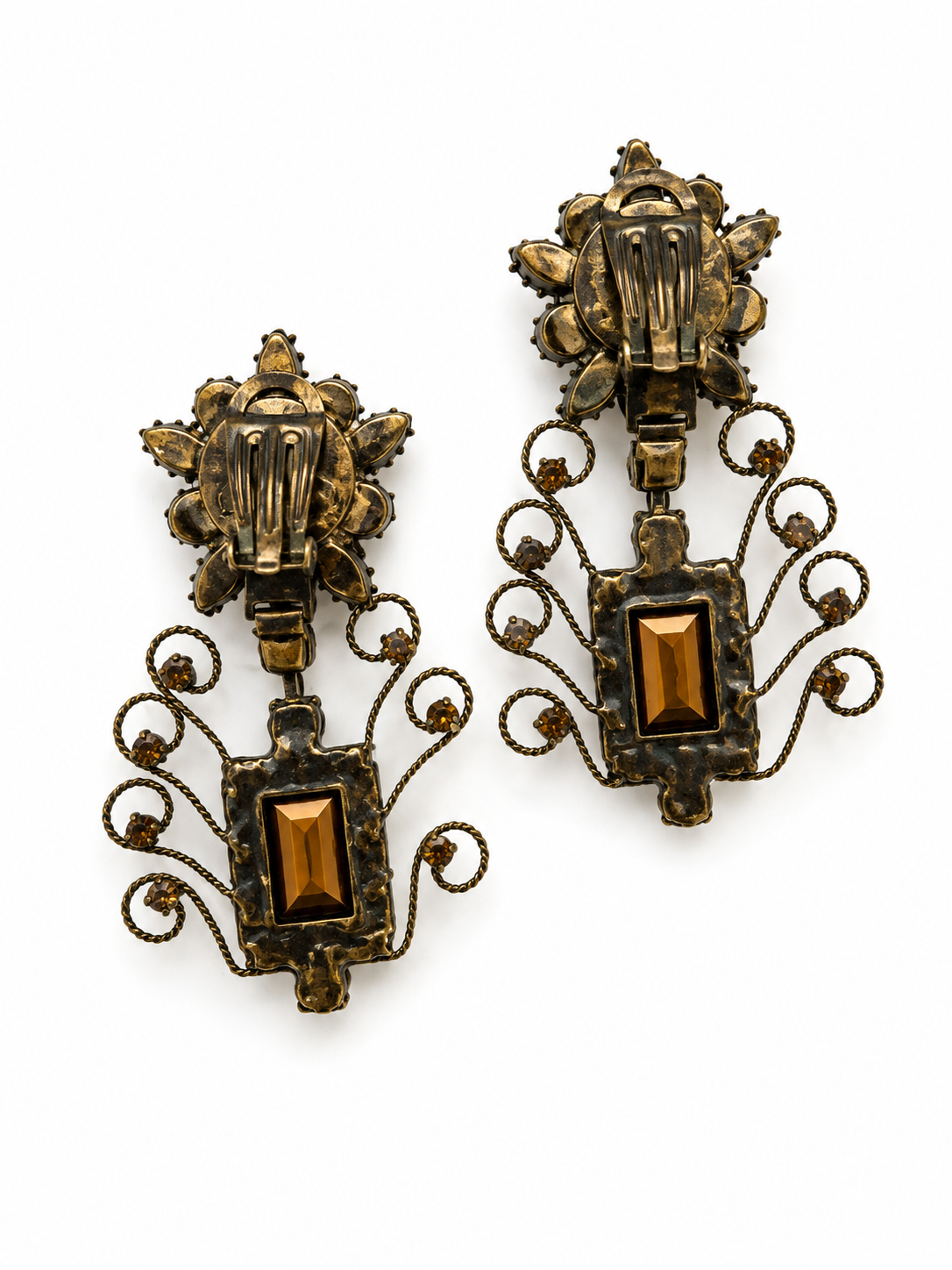 Vintage Levantine Emerald Crystal Scrollwork Oversized Earrings