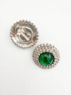 Vintage Silver Tone Green Cabochon Clip-On Earrings