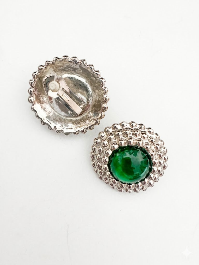 Vintage Silver Tone Green Cabochon Clip-On Earrings