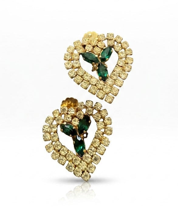 Vintage Rhinestone Heart Clip-On Statement Earrings